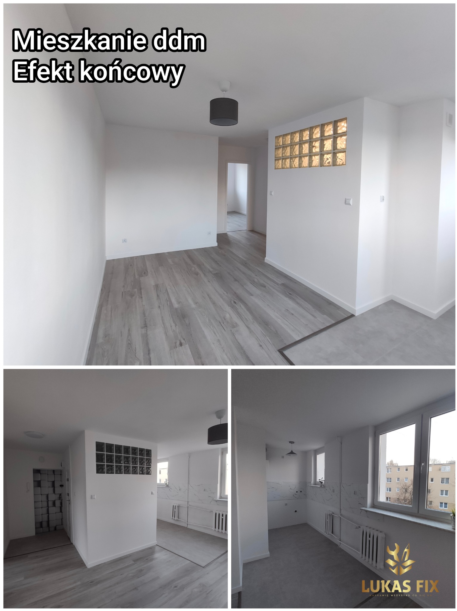 Jasne, odświeżone wnętrze mieszkania po remoncie. Widoczne panele podłogowe, białe ściany z luksferami i grzejniki. Minimalistyczne oświetlenie sufitowe.