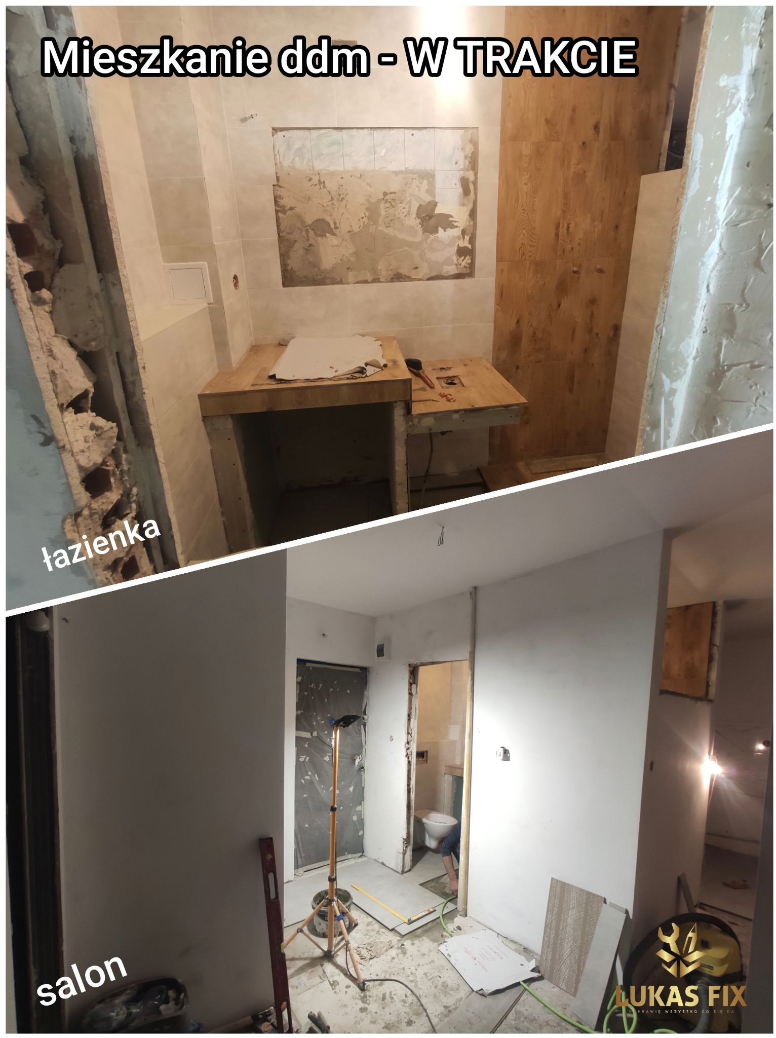 Dwa ujęcia: remont łazienki w trakcie z częściowo położonymi płytkami i surowym blatem oraz salon po szpachlowaniu, z poziomnicą i lampą. Widoczne logo firmy.