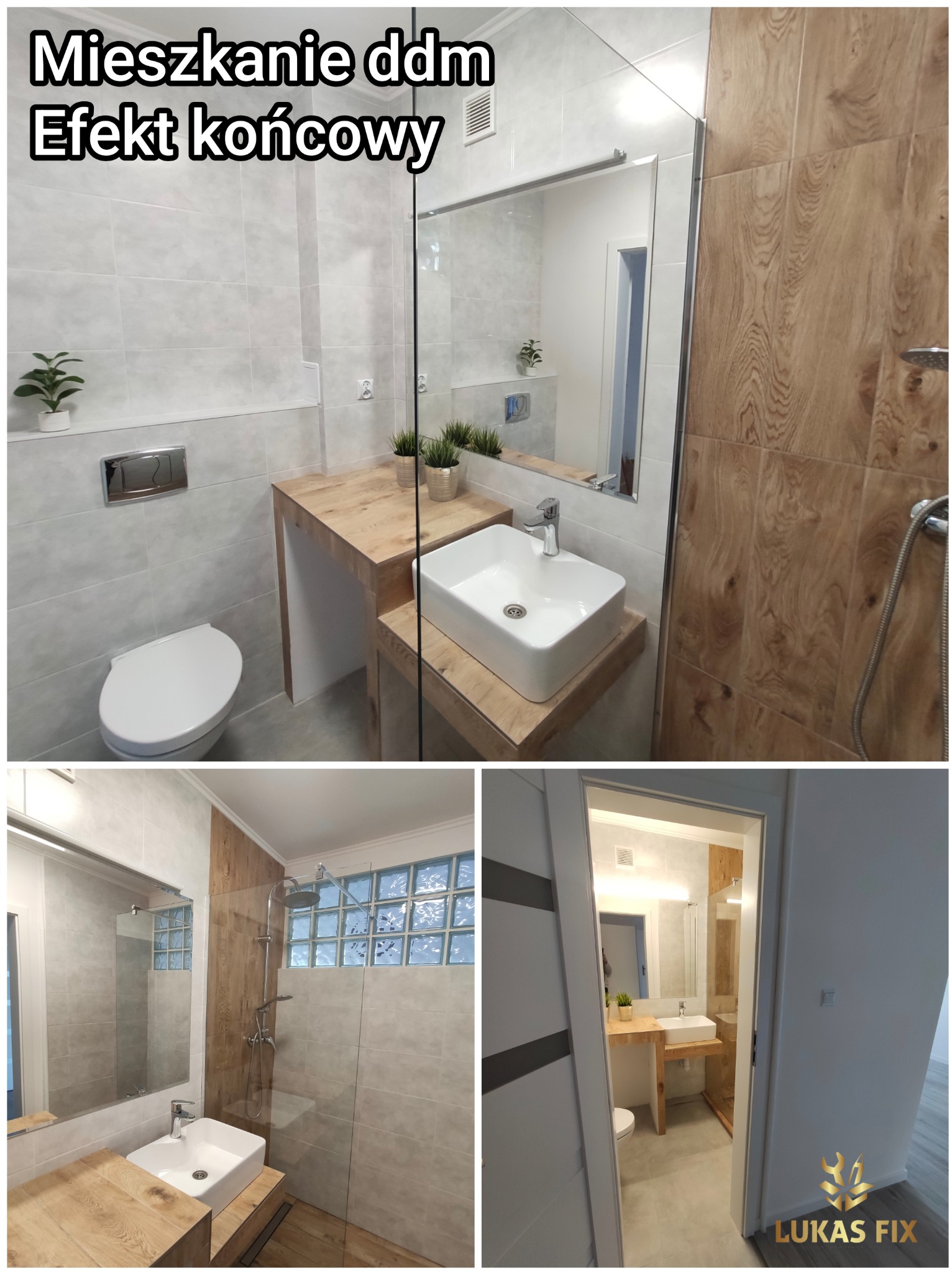 Nowoczesna, jasna łazienka po remoncie: drewnopodobne płytki, biała umywalka nablatowa na drewnianym blacie, szklana kabina prysznicowa.