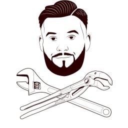 PanHydraulik - Ilustracja: Stylizowany portret brodatego mężczyzny nad skrzyżowanymi kluczami hydraulicznymi. Grafika w odcieniach brązu, na białym tle.