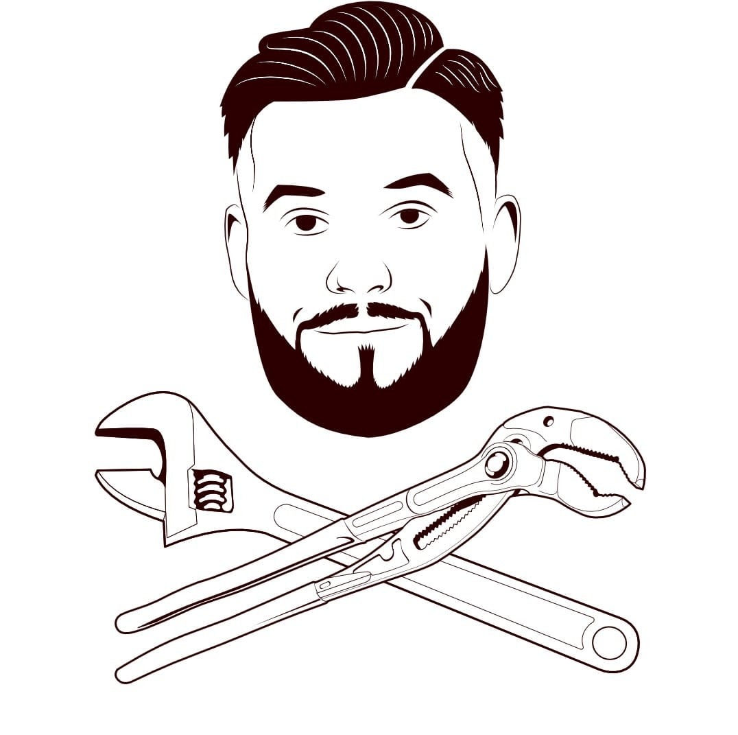 Ilustracja: Stylizowany portret brodatego mężczyzny nad skrzyżowanymi kluczami hydraulicznymi. Grafika w odcieniach brązu, na białym tle.