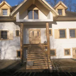 Pensjonat w Karpaczu z białymi ścianami, drewnianymi oknami i schodami wejściowymi z surowego drewna, wykończony w regionalnym stylu.