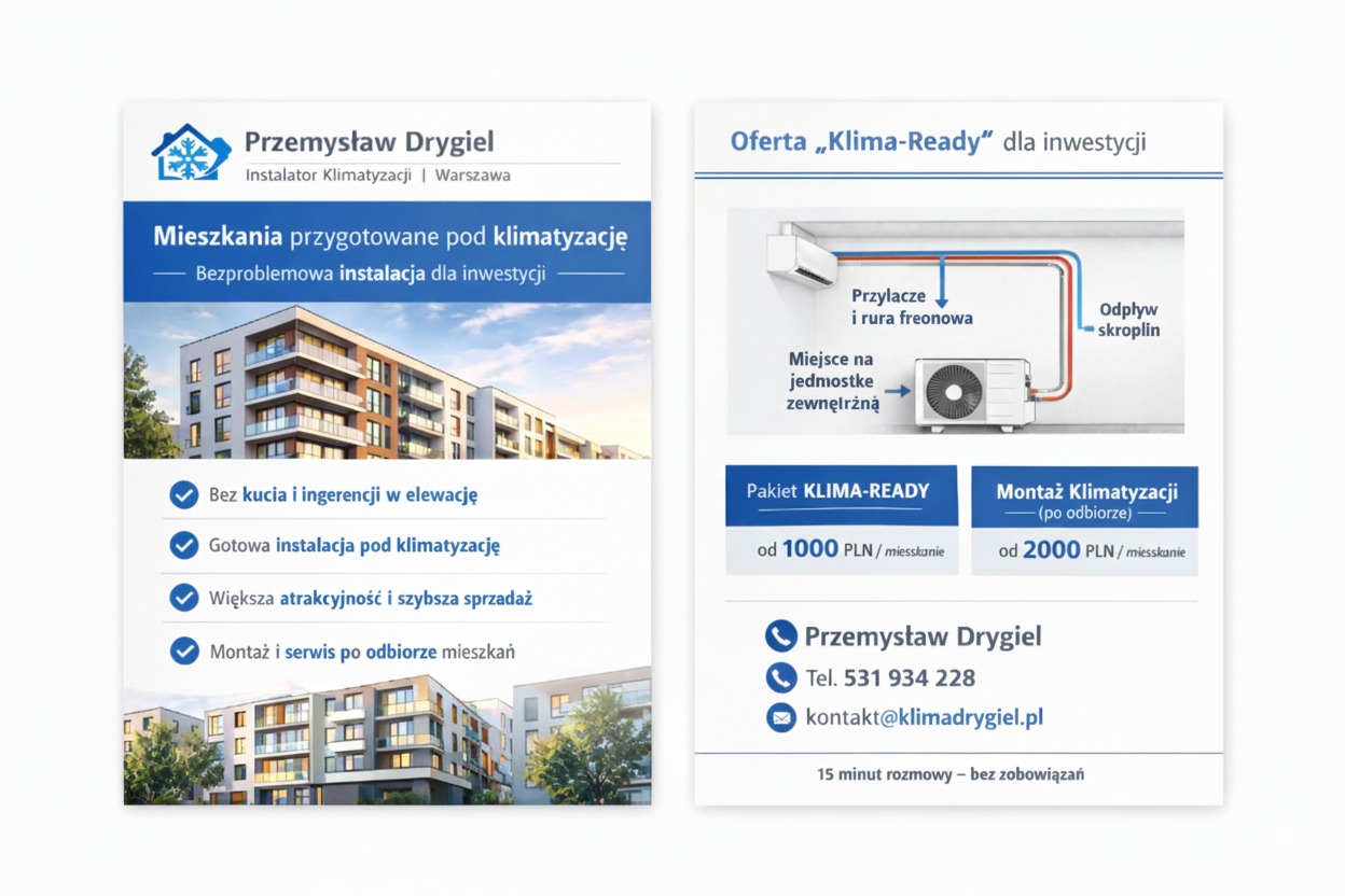 Oferta 'Klima-Ready' w Warszawie: mieszkania przygotowane pod klimatyzację, montaż bez kucia, gotowa instalacja, atrakcyjna cena. Schemat instalacji.