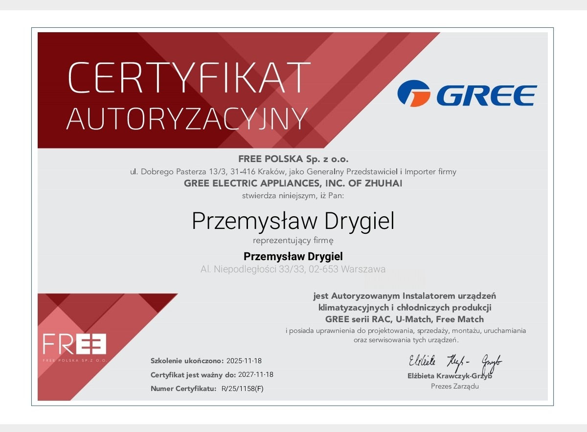 Certyfikat autoryzacyjny firmy Gree dla Przemysława Drygiela, potwierdzający uprawnienia do instalacji i serwisu urządzeń klimatyzacyjnych. Ważność do 2027.