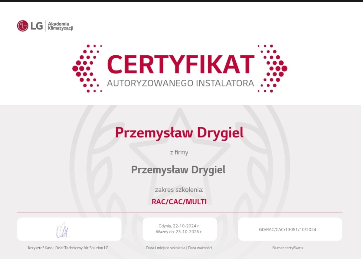 Certyfikat autoryzowanego instalatora LG dla Przemysława Drygiela, ważny do 23-10-2026, potwierdzający zakres szkolenia RAC/CAC/MULTI. Dokument w odcieniach bieli i czerwieni.