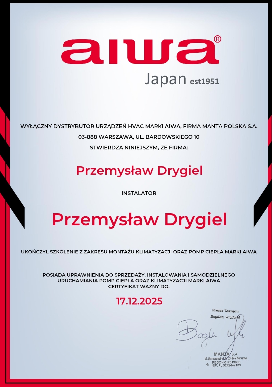 Certyfikat potwierdzający uprawnienia instalatora klimatyzacji i pomp ciepła marki Aiwa, ważny do 17.12.2025, wystawiony przez firmę Manta Polska S.A.