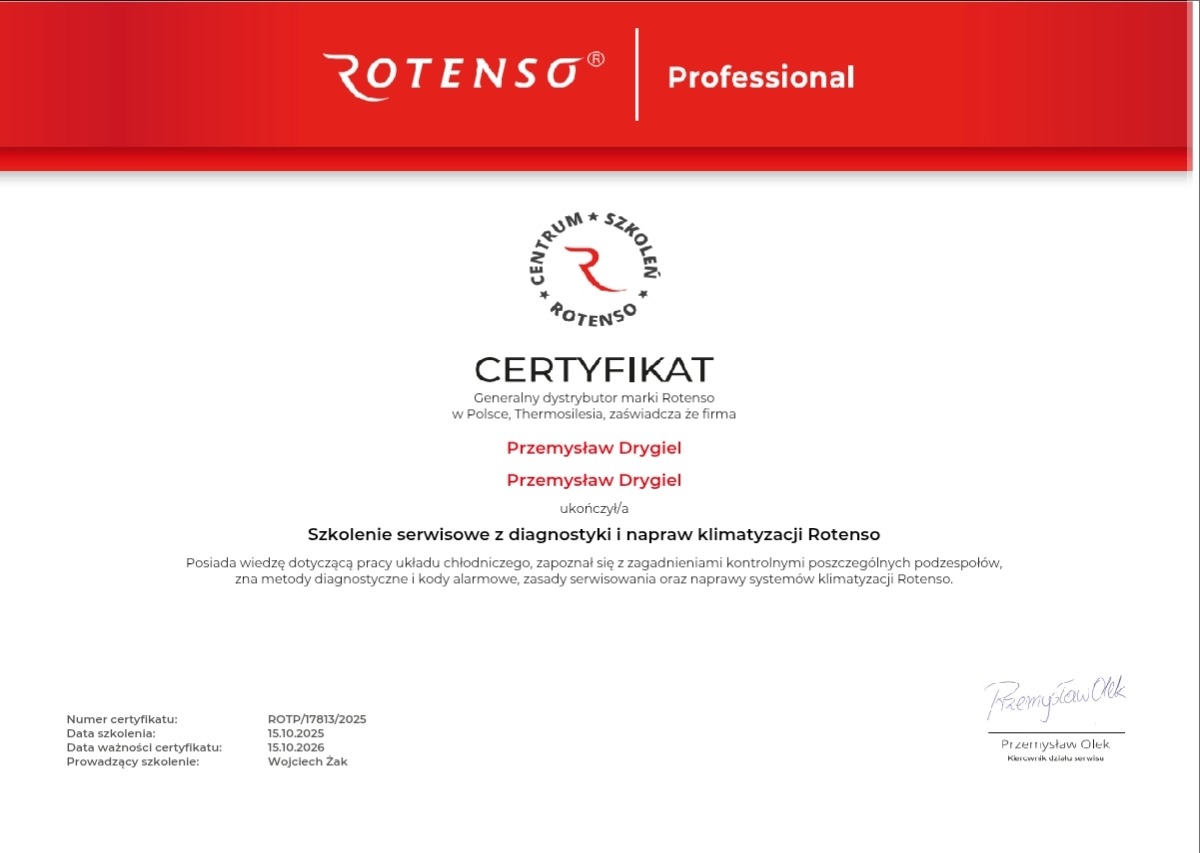Certyfikat Rotenso potwierdzający ukończenie szkolenia serwisowego z diagnostyki i napraw klimatyzacji. Dokument z datami ważności i podpisem.