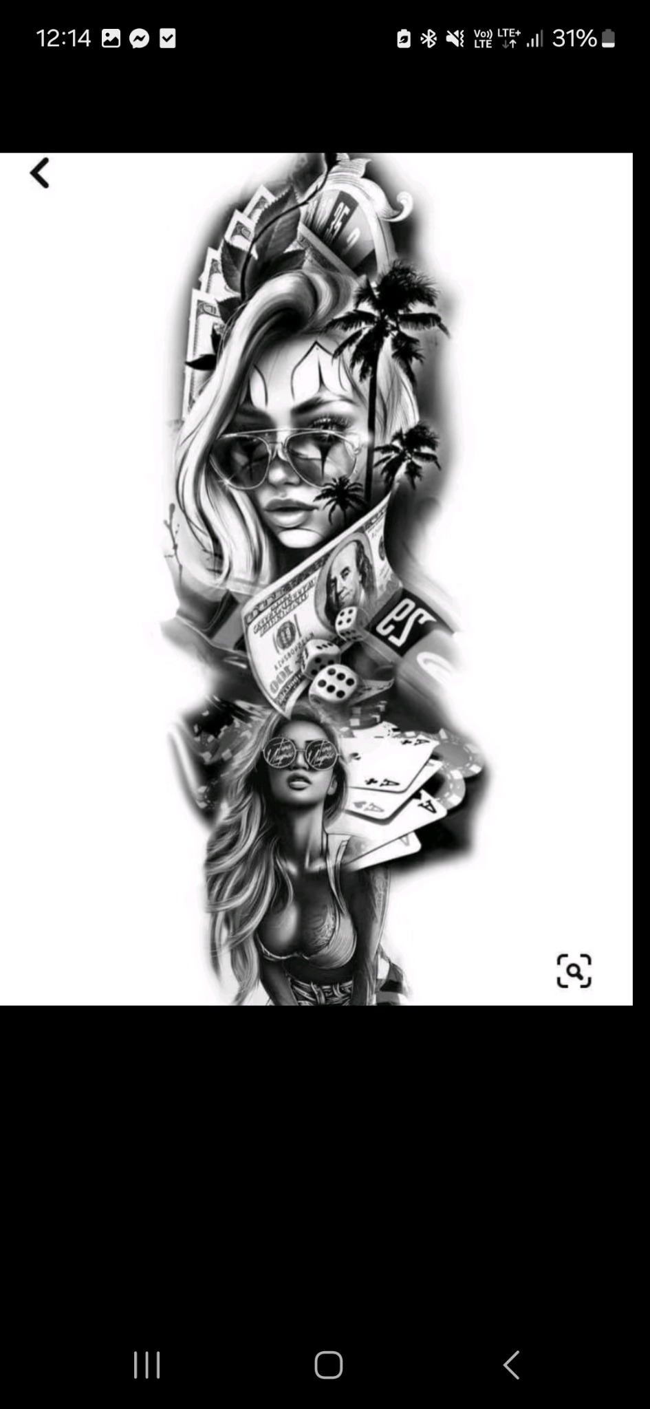 Czarno-biała grafika: dwie kobiety w okularach, motywy kasyna, banknoty i palmy. Ilustracja o tematyce hazardu, wykonana w stylu tatuażu.