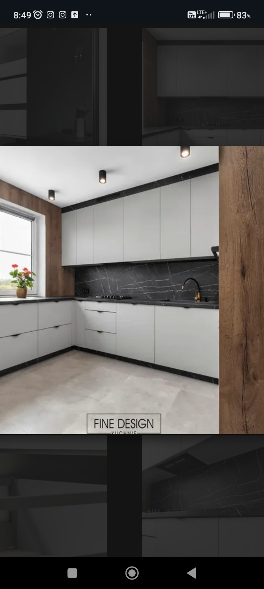 Nowoczesna kuchnia w Lublinie z białymi szafkami i czarnym blatem imitującym marmur. Minimalistyczny design, drewniane akcenty i subtelne oświetlenie.