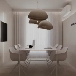 Minimalistyczna sala konferencyjna w biurze: biały stół z laptopami, krzesła z metalowymi nogami i designerskie lampy wiszące. Stonowana kolorystyka, subtelne oświetlenie.