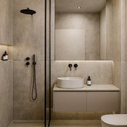 Nycz.design - Minimalistyczna łazienka w beżach: kabina walk-in z czarną ramą, okrągła umywalka nablatowa, matowe baterie i subtelne oświetlenie LED.