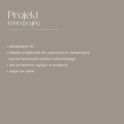 Projekt koncepcyjny z wizualizacjami 3D i książką projektową, zawierającą rysunki techniczne układu funkcjonalnego i spis produktów, wsparcie online. Neutralne tło.