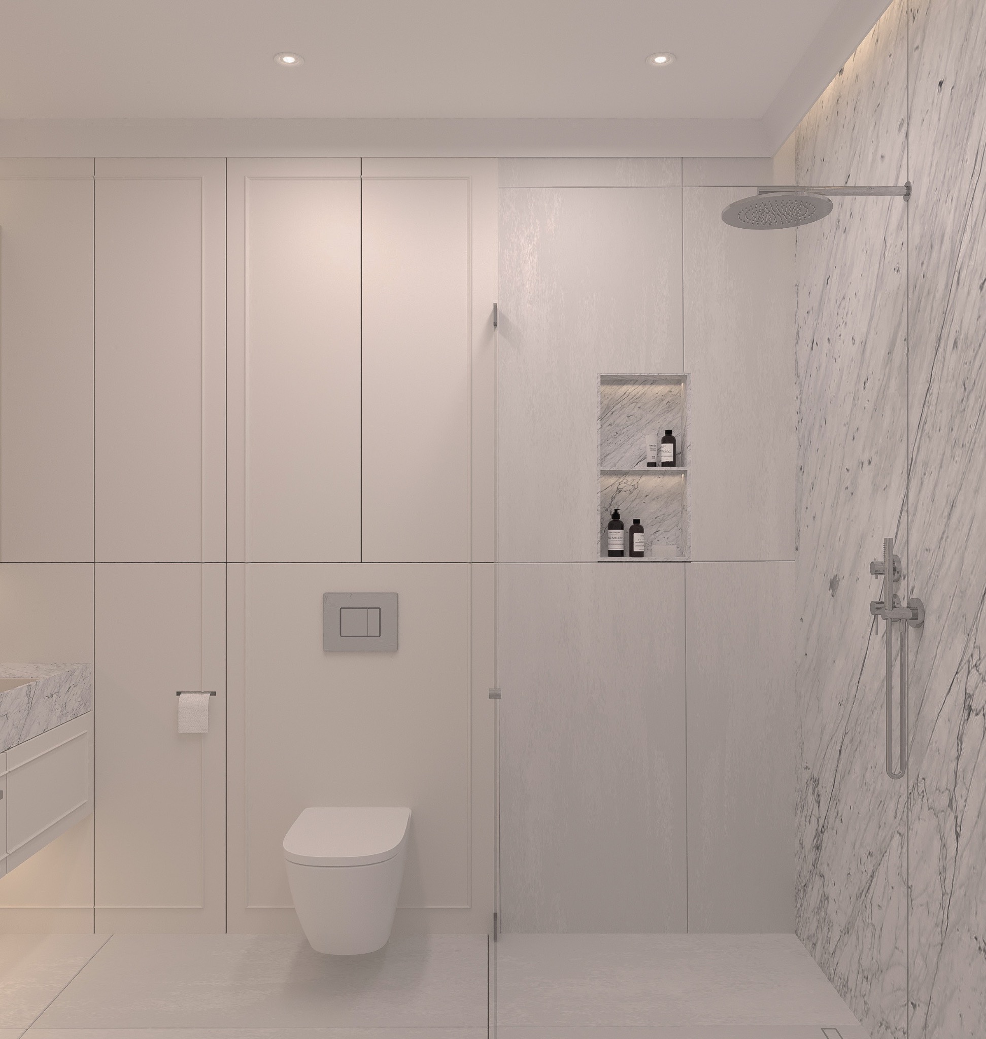 Minimalistyczna łazienka w bieli z marmurową ścianą prysznicową i wnęką na kosmetyki. Toaleta podwieszana, zabudowa meblowa.