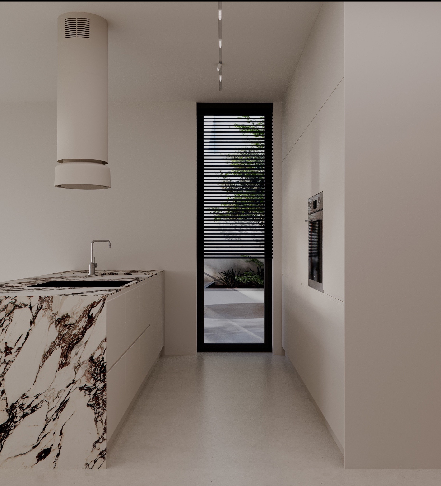 Minimalistyczna kuchnia w Jawiszowicach z marmurowym blatem i widokiem na zieleń przez okno. Jasne barwy, nowoczesny design i subtelne oświetlenie.