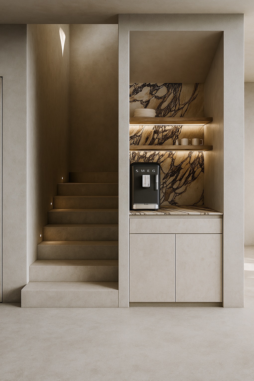Minimalistyczne wnętrze: Schody z oświetleniem punktowym, zabudowa meblowa z marmurowym blatem i czarną lodówką SMEG. Neutralna kolorystyka, eleganckie wykończenie.