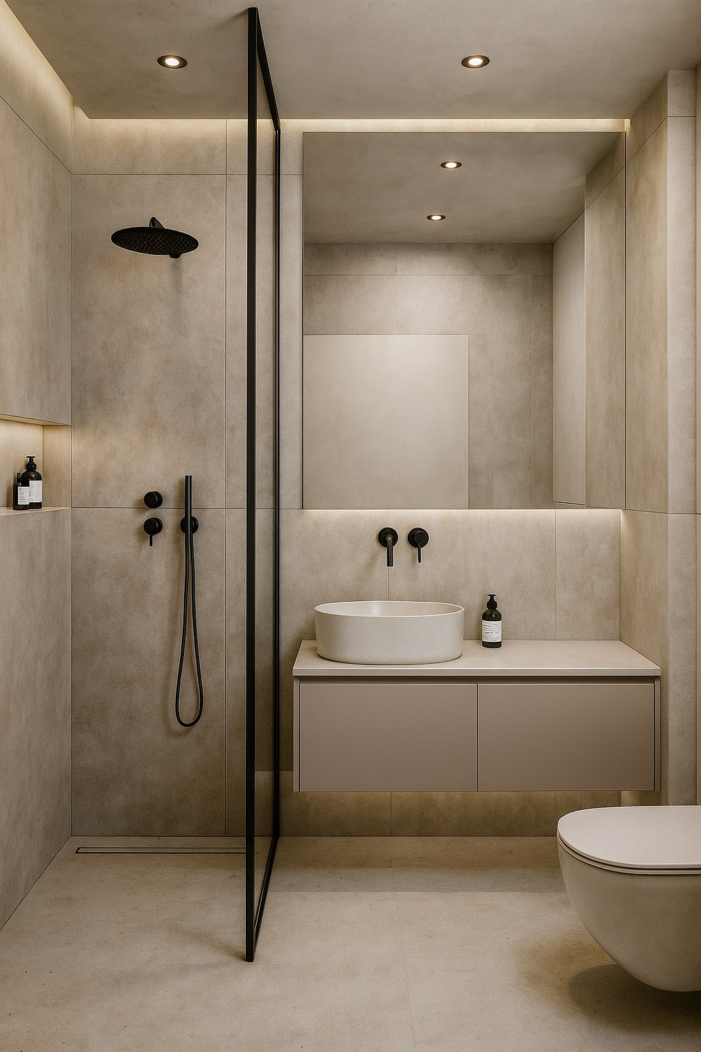 Minimalistyczna łazienka w beżach: kabina walk-in z czarną ramą, okrągła umywalka nablatowa, matowe baterie i subtelne oświetlenie LED.
