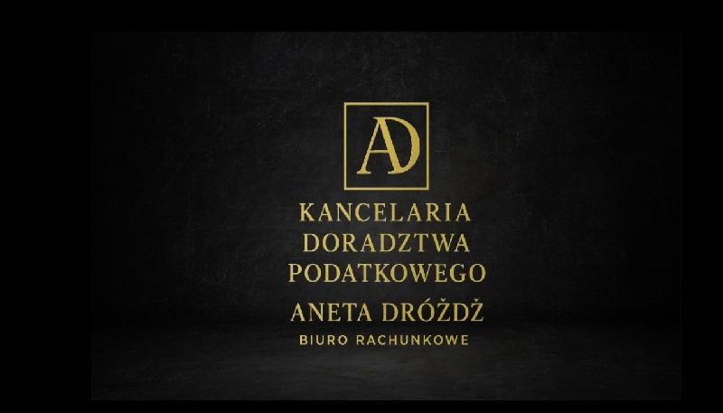 Eleganckie logo Kancelarii Doradztwa Podatkowego Aneta Dróżdż z inicjałami 'AD' na ciemnym tle, poniżej napis 'Biuro Rachunkowe'.