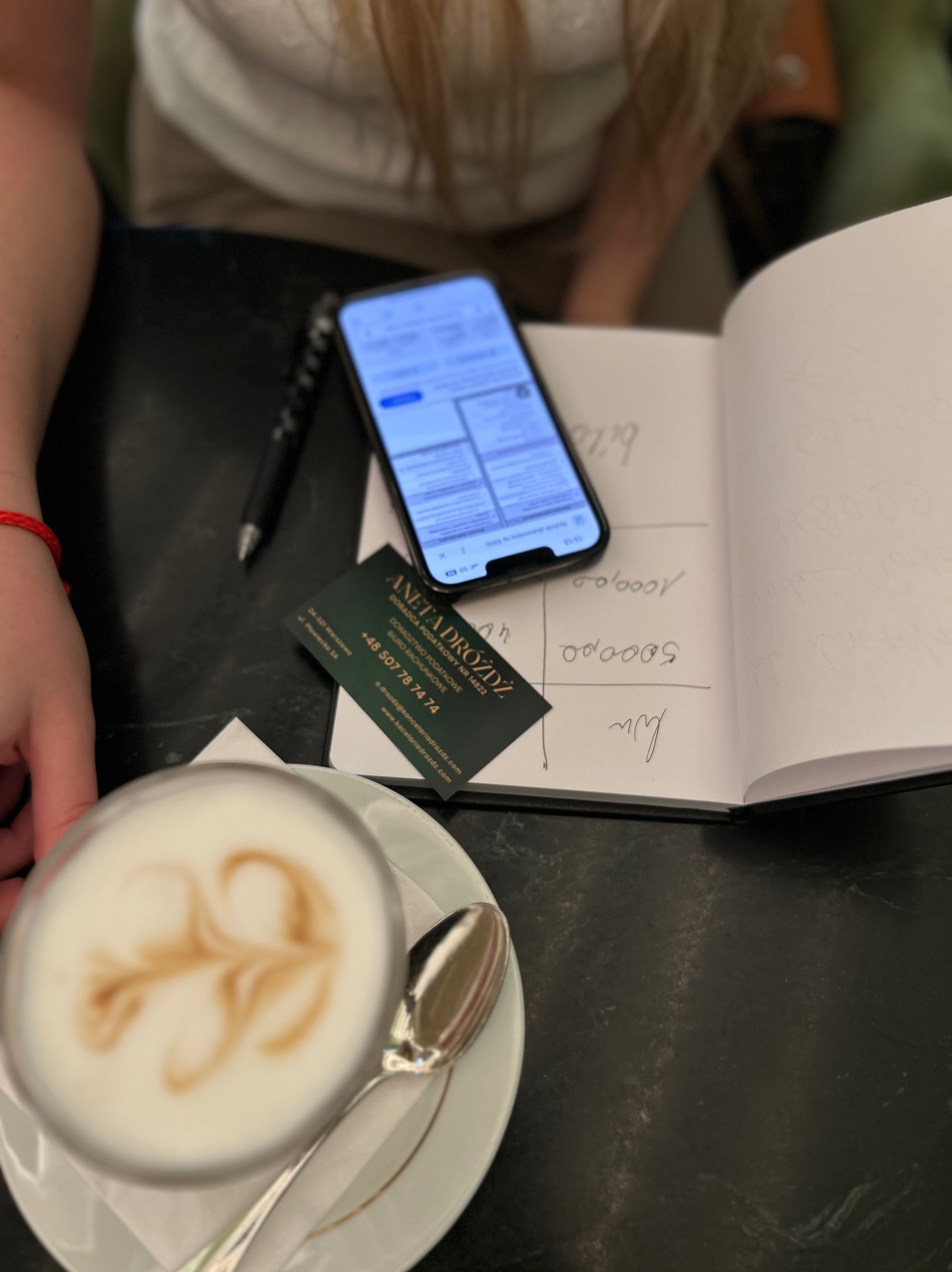 Kawa latte, notatnik z zapiskami finansowymi, telefon z aplikacją biznesową i wizytówka doradcy podatkowego Anety Dróżdż na ciemnym blacie.