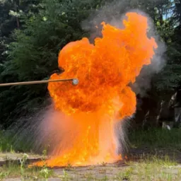 Eksplozja ognia w plenerze, wywołana prawdopodobnie kijem z metalową końcówką. Widoczne płomienie, dym i woda. Tło stanowią drzewa i fragment betonowej nawierzchni.