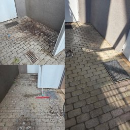 LemurCleaning - Zdjęcie kostki brukowej przed i po czyszczeniu. Po lewej brudna kostka, po prawej czysta, mokra, w cieniu ściany. Widoczna kratka ściekowa i narzędzie do mycia.