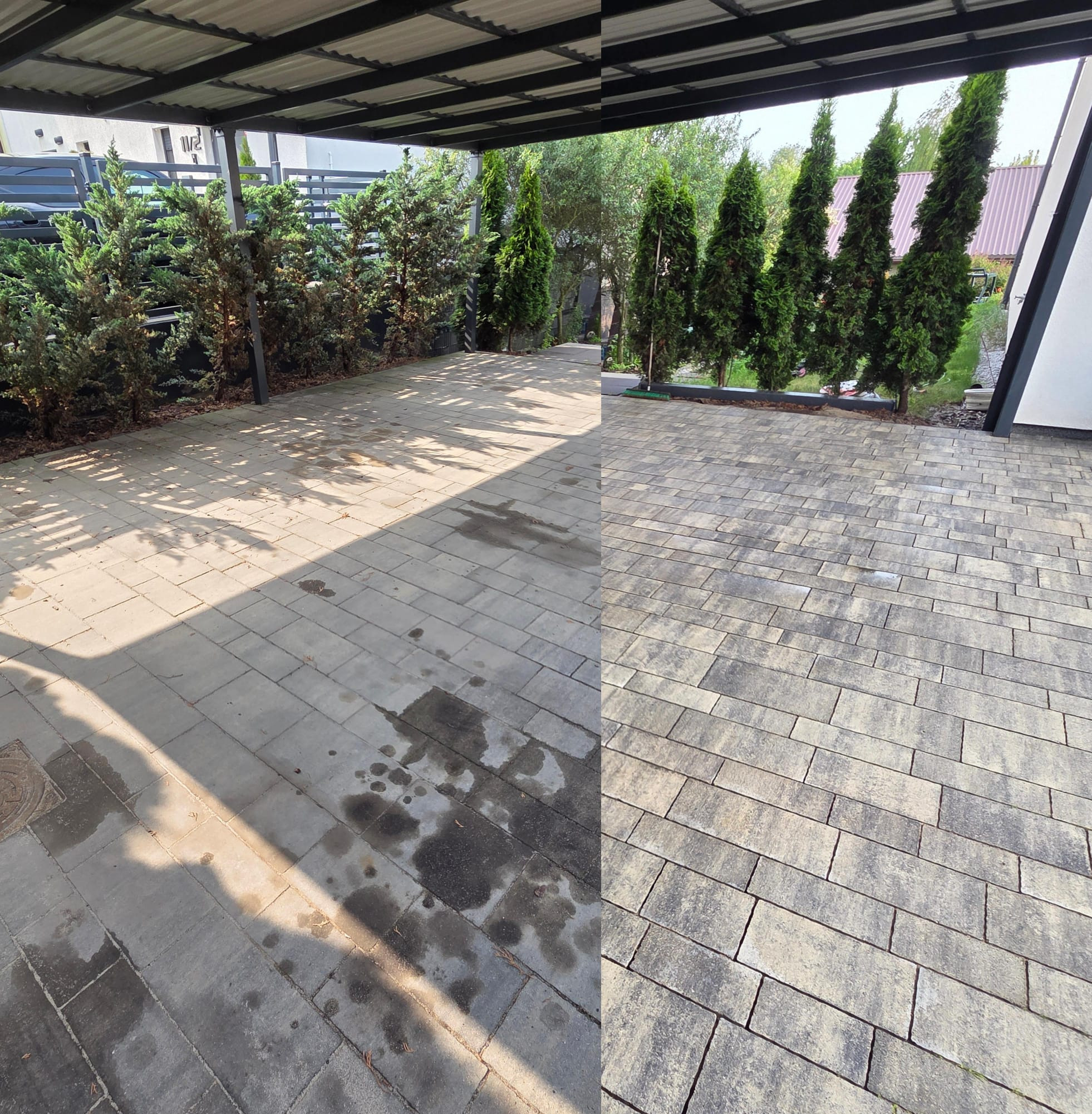 Efekt przed i po czyszczeniu kostki brukowej w Suchym Lesie. Lewa strona zabrudzona, prawa czysta. Widoczne drzewa i zadaszenie w tle.