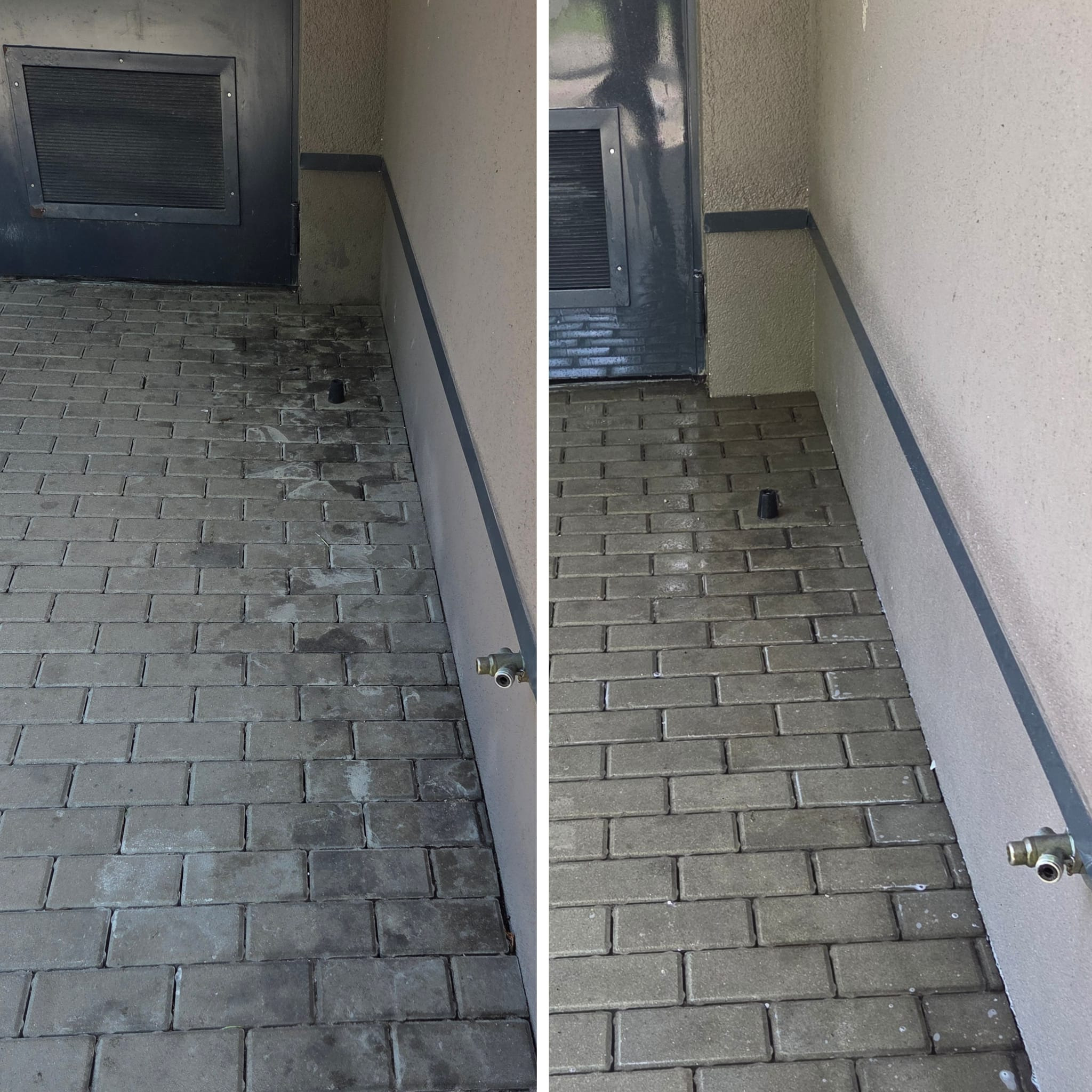 Porównanie stanu kostki brukowej przed i po czyszczeniu, widoczne różnice w zabrudzeniach przy drzwiach i ścianie, z elementami instalacji na elewacji.