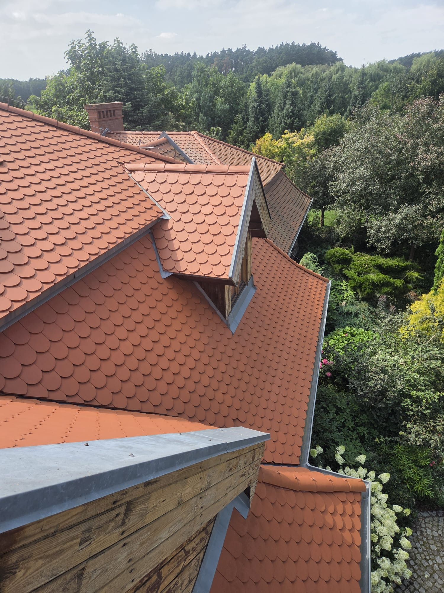 Czerwony dach z dachówki karpiówki, widok z góry. W tle zieleń drzew i krzewów. Dach po czyszczeniu, brak widocznych zabrudzeń i mchu, zadbane otoczenie.