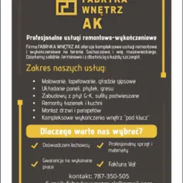 Baner firmy Fabryka Wnętrz AK z Sochaczewa, oferującej kompleksowe remonty i wykończenia wnętrz. Zakres usług: malowanie, gładzie, zabudowy G-K, remonty łazienek.