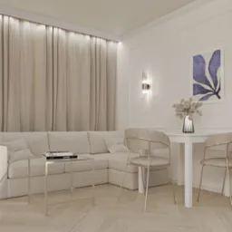 Jasne wnętrze z narożną sofą, szklanym stolikiem z książkami Dior i Chanel, białym stołem z krzesłami i abstrakcyjnym obrazem na ścianie. Minimalistyczny design.