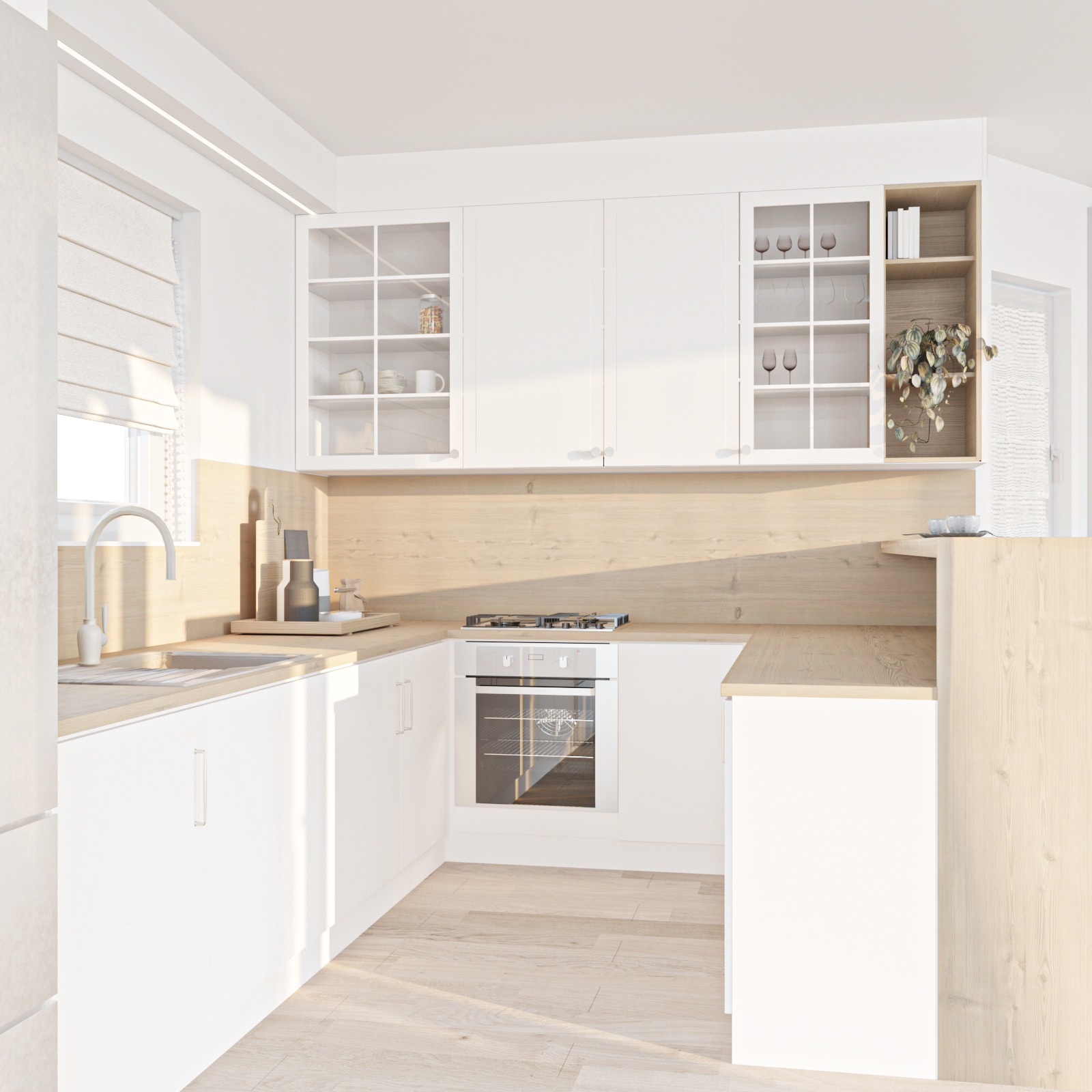 Jasna kuchnia w stylu skandynawskim: białe szafki, drewniany blat i podłoga. Oświetlona promieniami słońca, z widocznymi detalami wyposażenia.