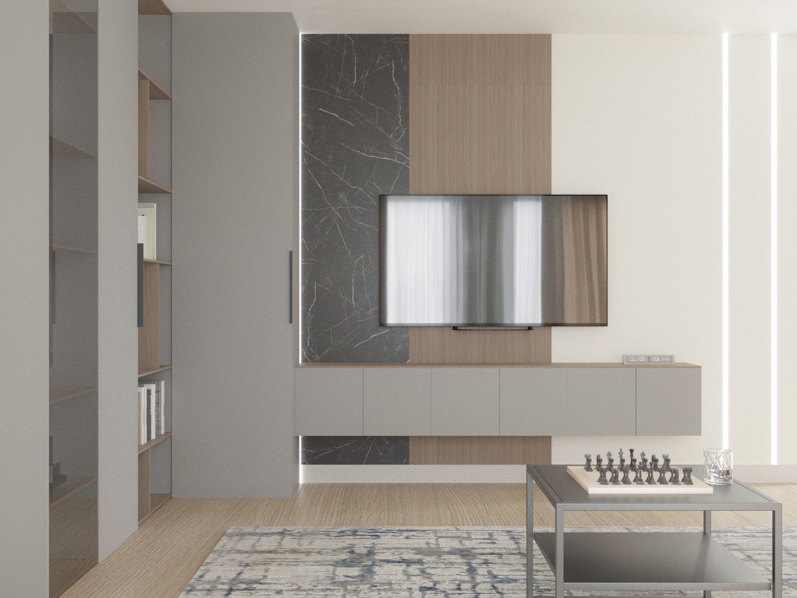 Nowoczesny salon z szarą szafą, panelem TV z marmuru i drewna, oraz stolikiem kawowym z szachami. Dywan w geometryczne wzory i subtelne oświetlenie LED.