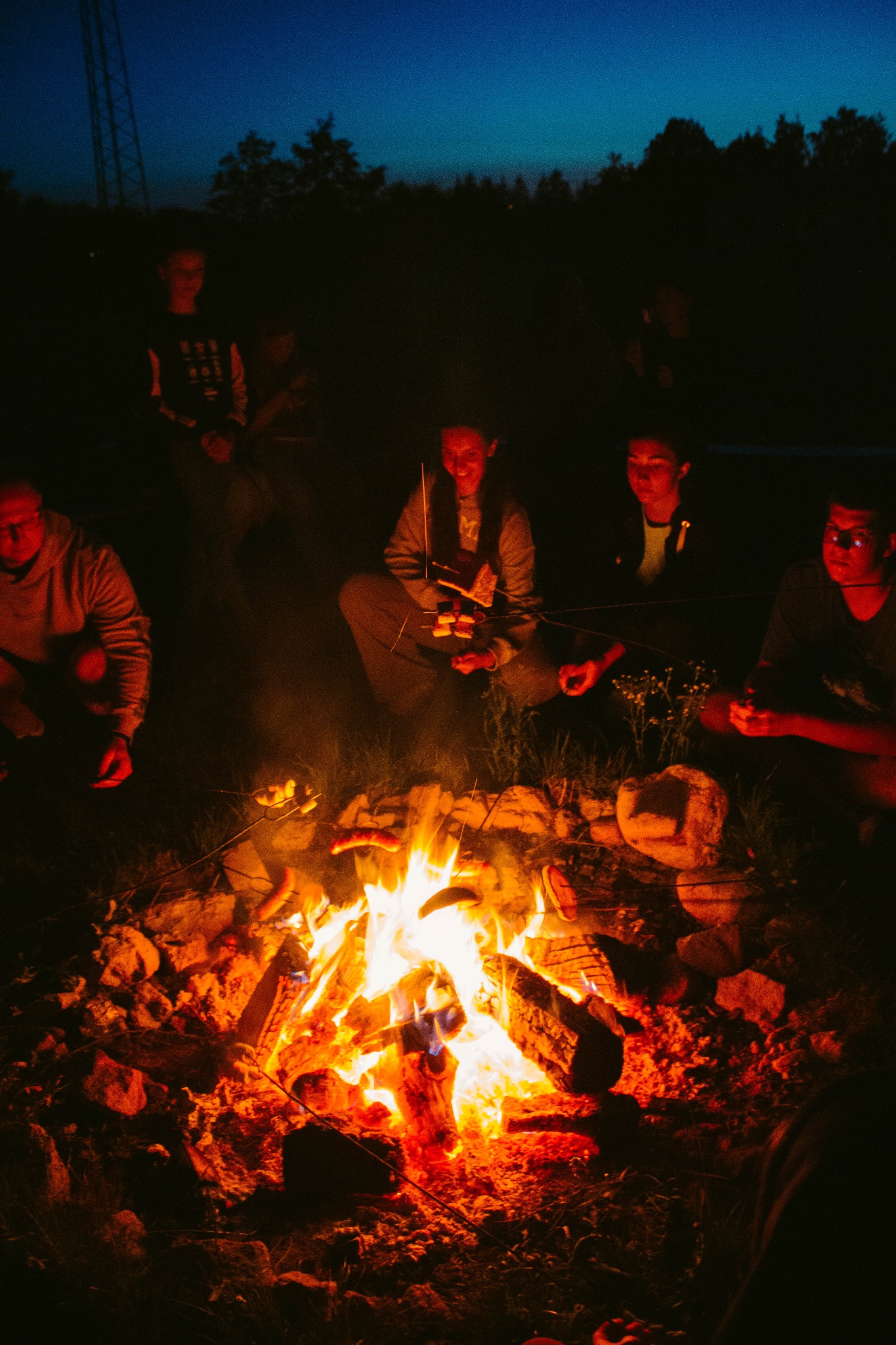 Nocne ognisko z grupą osób piekących kiełbaski. W tle ciemne niebo i sylwetki drzew. Oświetlenie pochodzi od płomieni ogniska.