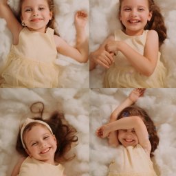 Klaudia Pociask Fotografia - Kolaż portretowy uśmiechniętej dziewczynki w żółtej sukience, leżącej na białym, puszystym tle z bańkami mydlanymi. Radosne ujęcia z sesji.