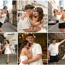 Klaudia Pociask Fotografia - Kolaż z sesji narzeczeńskiej: para w jasnych ubraniach pozuje na tle miejskiej uliczki i kawiarni, uśmiechnięci, w różnych ujęciach i pozach, oddając romantyczny nastrój.
