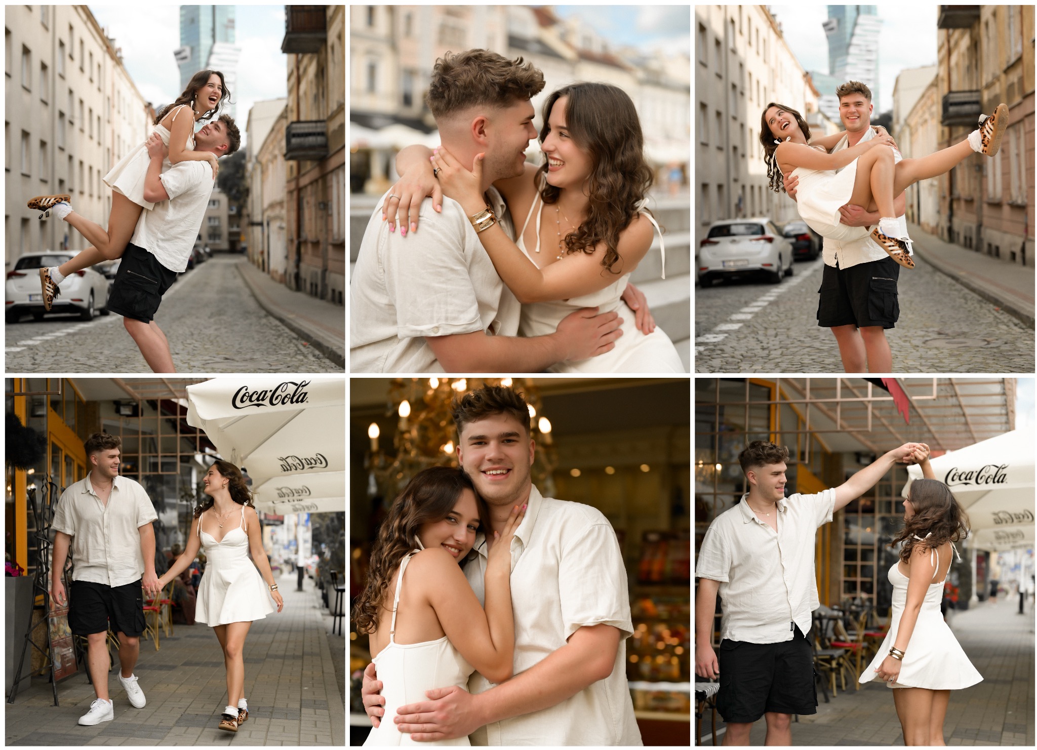 Kolaż z sesji narzeczeńskiej: para w jasnych ubraniach pozuje na tle miejskiej uliczki i kawiarni, uśmiechnięci, w różnych ujęciach i pozach, oddając romantyczny nastrój.