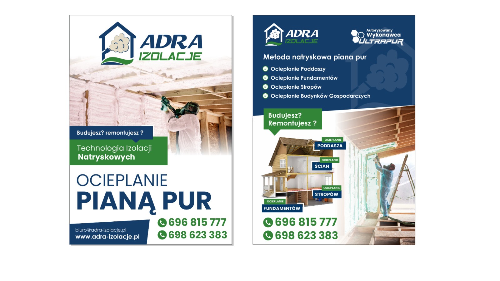 Grafika reklamowa firmy Adra Izolacje prezentująca ocieplanie pianą PUR. Widoczny pracownik w kombinezonie podczas natrysku piany na poddasze i przekrój domu z oznaczeniami.