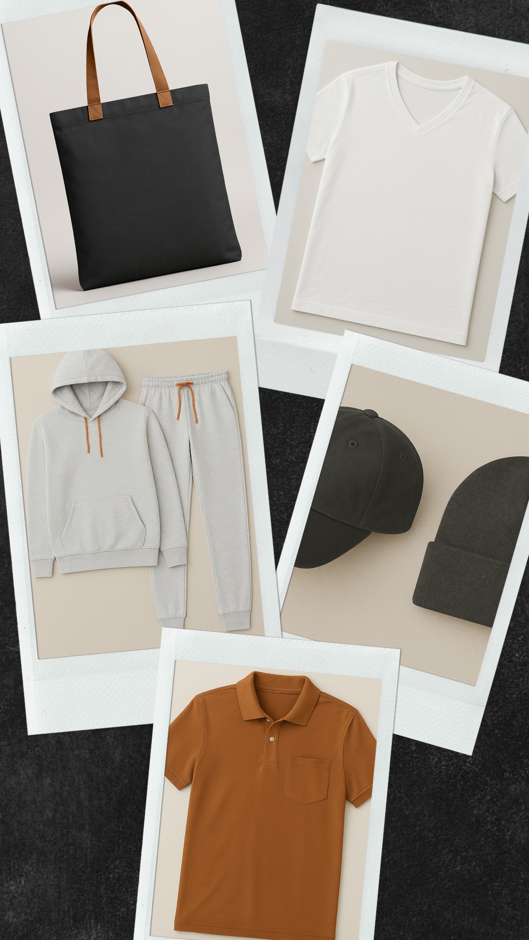 Kompozycja zdjęć polaroid z odzieżą: torba z brązowymi uchwytami, biały t-shirt, dres, czapka z daszkiem, czapka zimowa i brązowa koszulka polo z kieszonką.