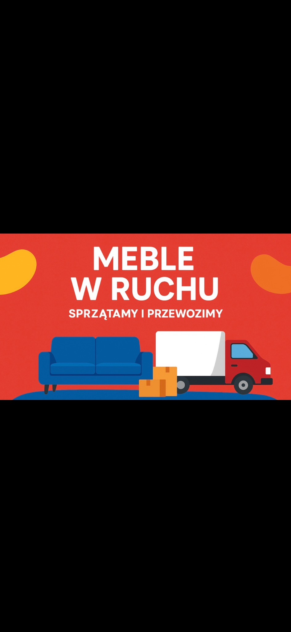 Grafika: Sofa, kartony i furgonetka na czerwonym tle z napisem 'Meble w ruchu. Sprzątamy i przewozimy'.
