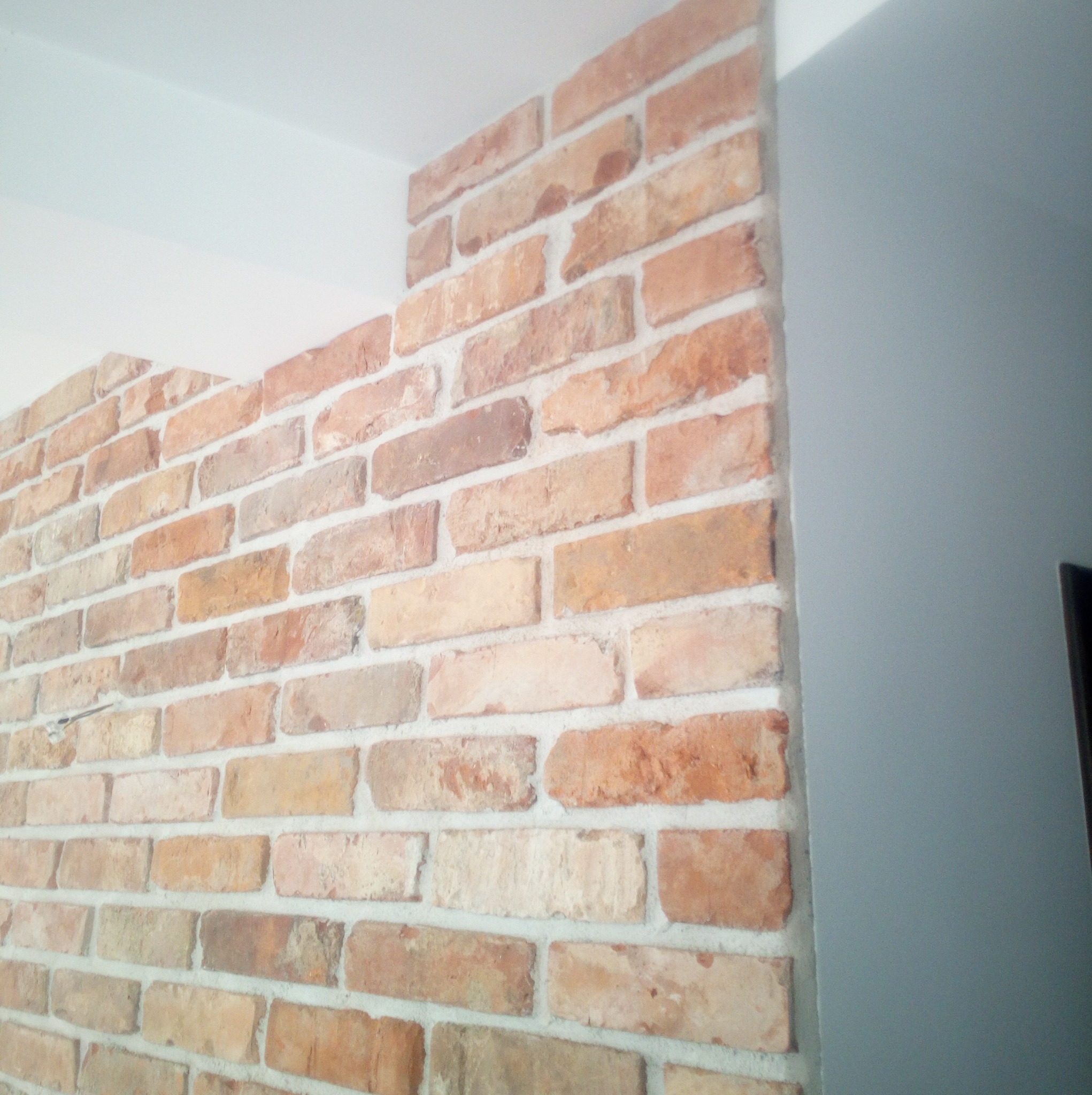 Ściana z cegły dekoracyjnej w odcieniach beżu i brązu, z widoczną fakturą i fugami. Fragment białego sufitu i szarej ściany w tle.