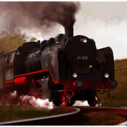 Ilustracja parowozu 24 022 w czarno-czerwonej kolorystyce, z dymem unoszącym się z komina, na tle jesiennego krajobrazu. Dynamiczne ujęcie z niskiego kąta.