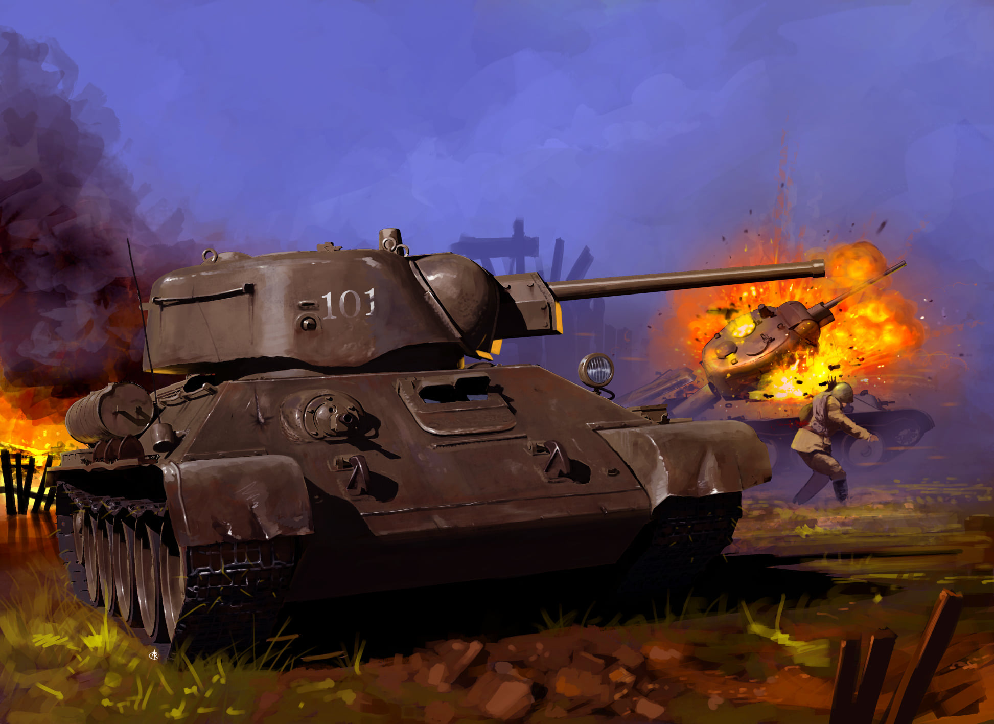 Dynamiczne malowidło: czołg T-34 z numerem 101 w akcji, wybuch w tle, żołnierz w ruchu. Ekspresyjna paleta barw i wyraźne pociągnięcia pędzla.