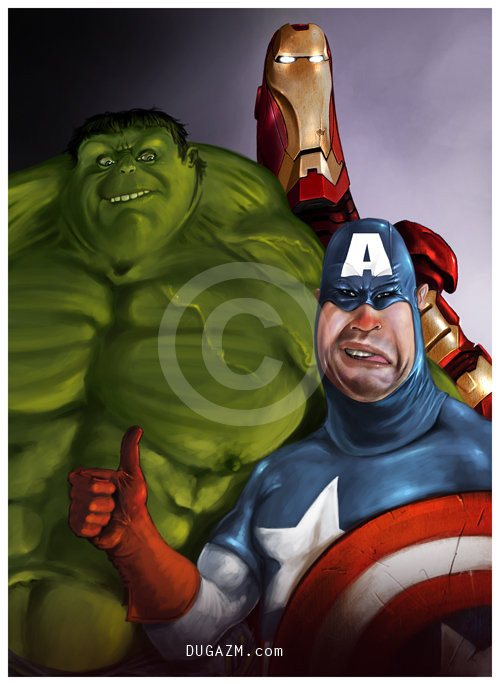 Ilustracja cyfrowa przedstawiająca karykaturalne wizerunki Hulka, Iron Mana i Kapitana Ameryki w dynamicznej kompozycji, z wyraźnymi detalami i humorem.