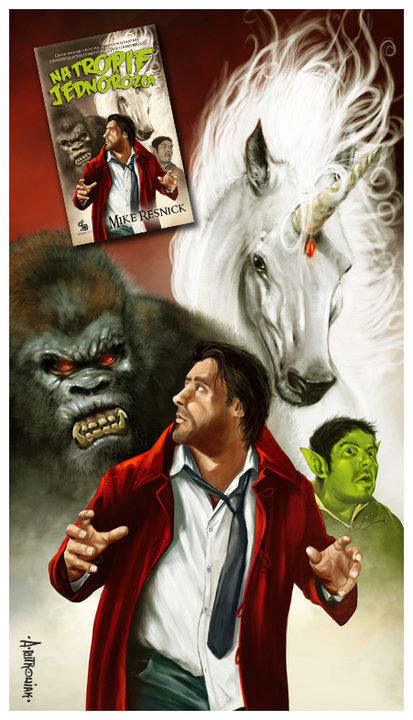 Ilustracja cyfrowa w Goleniowie: mężczyzna w czerwonym płaszczu otoczony przez goryla, jednorożca i goblina. Widoczna okładka książki 'Na tropie jednorożca'.