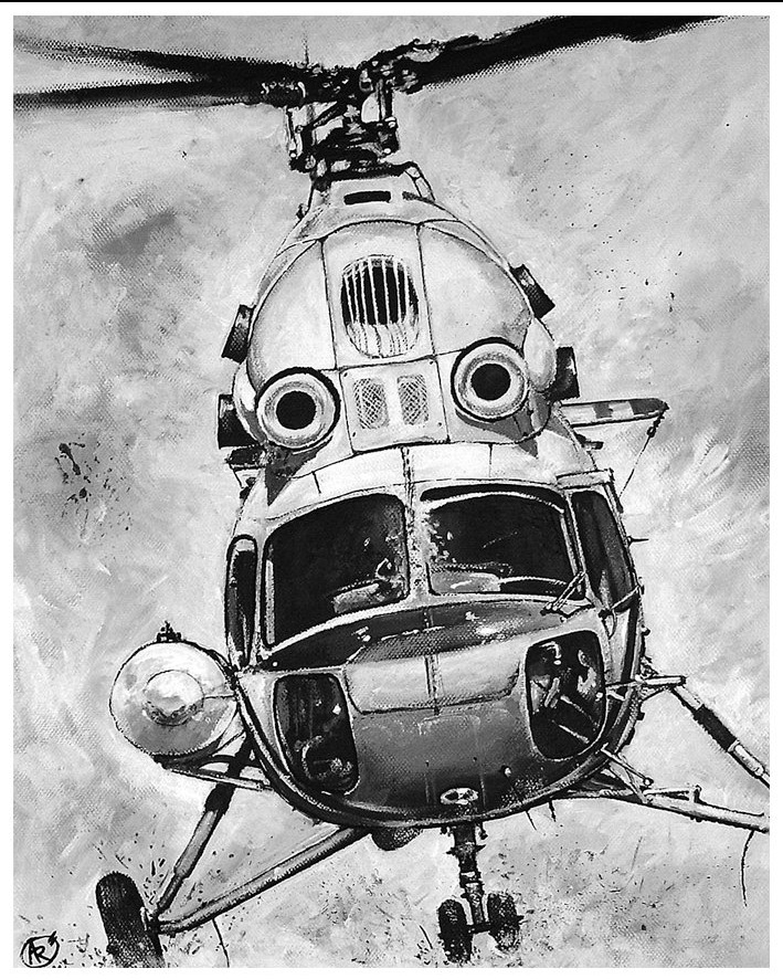 Czarno-biały obraz przedstawiający helikopter w locie, namalowany farbami z widocznymi pociągnięciami pędzla i charakterystycznym, realistycznym stylem.
