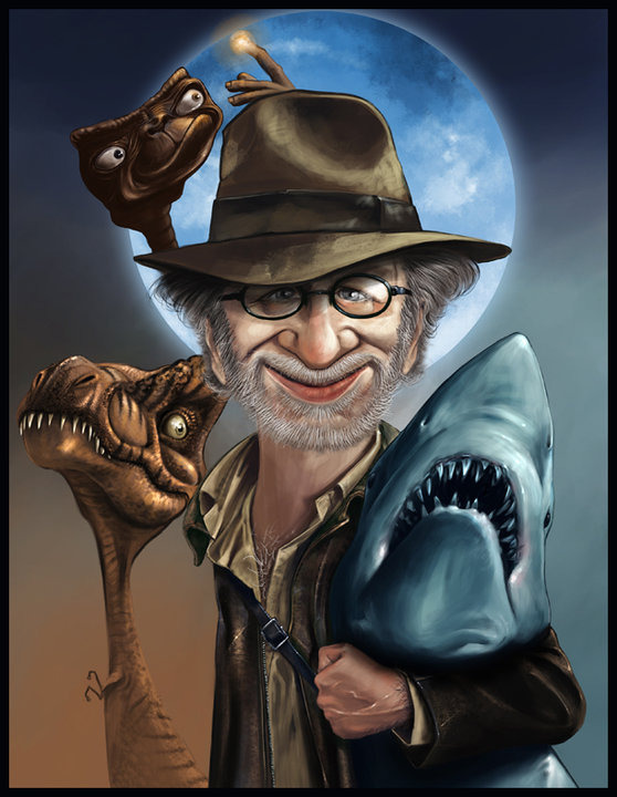Ilustracja: karykatura Stevena Spielberga w kapeluszu, z rekinem i dinozaurami na tle księżyca. Stylizowane, wyraziste detale, kompozycja centralna.