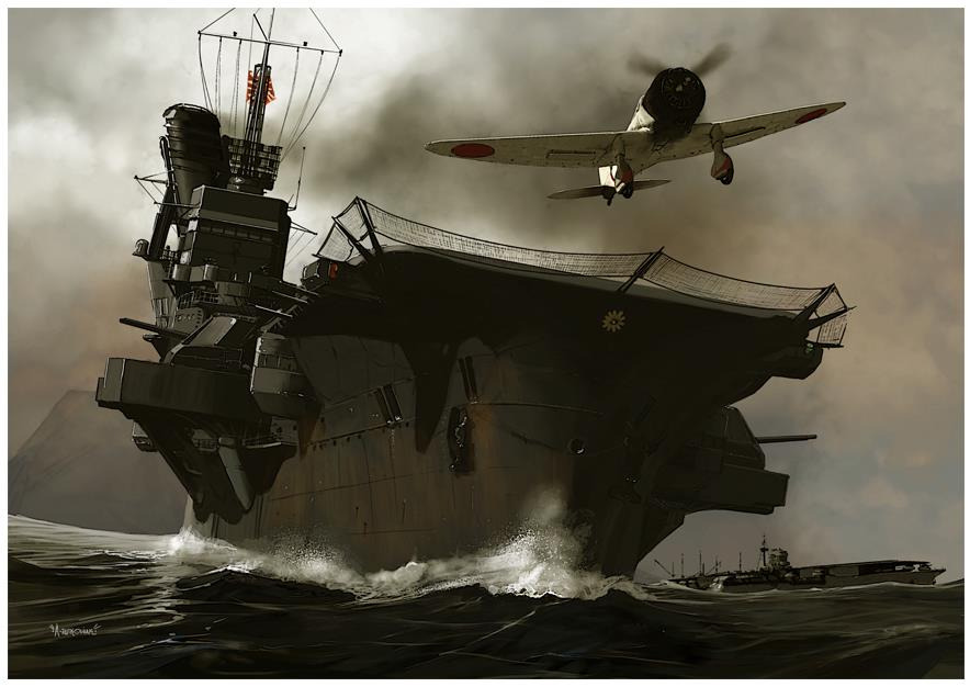 Ilustracja lotniskowca w czasie II wojny światowej, z samolotem startującym z pokładu. Mroczna kolorystyka, wzburzone morze i dym na horyzoncie.