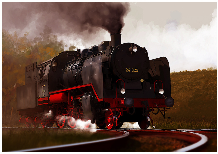 Ilustracja parowozu 24 022 w czarno-czerwonej kolorystyce, z dymem unoszącym się z komina, na tle jesiennego krajobrazu. Dynamiczne ujęcie z niskiego kąta.