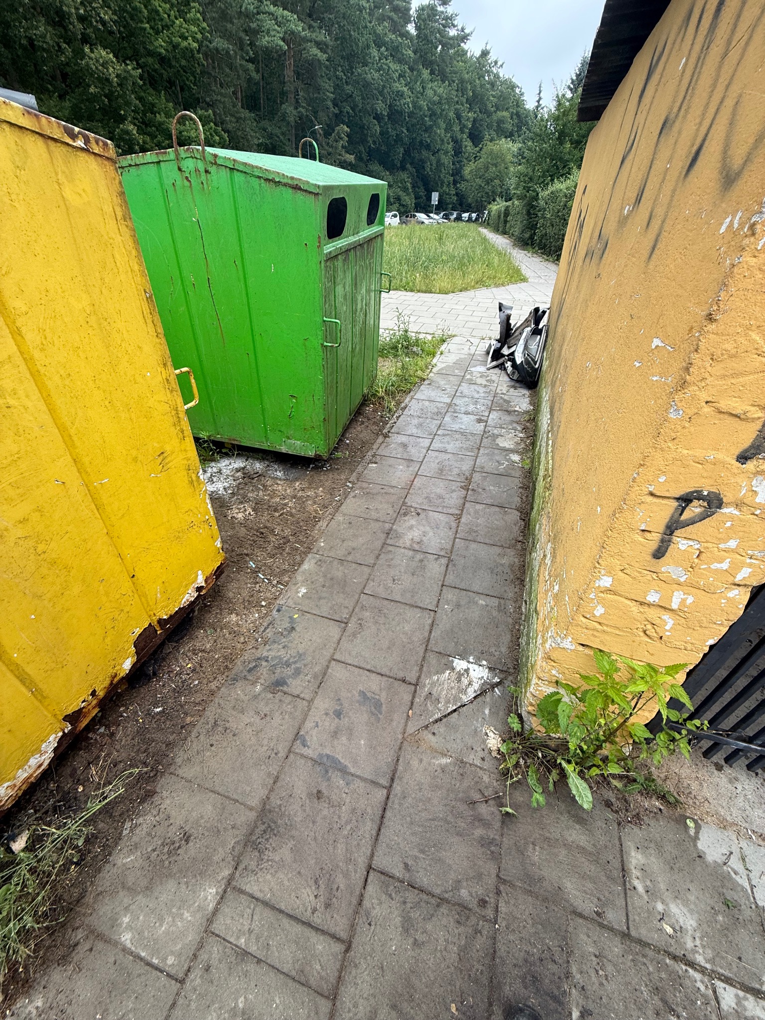 Żółty i zielony kontener na śmieci stoją na zewnątrz, obok chodnika z kostki brukowej i ściany budynku. Na chodniku leżą śmieci, a przy ścianie rosną chwasty.