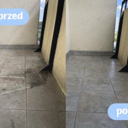Czysta Przestrzeń - Zdjęcie balkonu podzielone na pół: po lewej brudna podłoga (przed), po prawej czysta podłoga (po). Widoczne płytki i fragment balustrady.