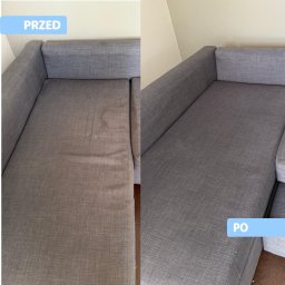 Czysta Przestrzeń - Szara kanapa narożna: po lewej widoczne plamy ('Przed'), po prawej czysta ('Po'). Efekt prania tapicerki, ukazujący różnicę w wyglądzie przed i po usłudze.